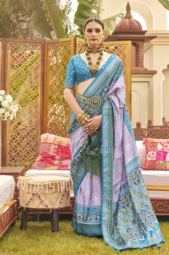 Elora soft silk patola printed saree for women (lavender)