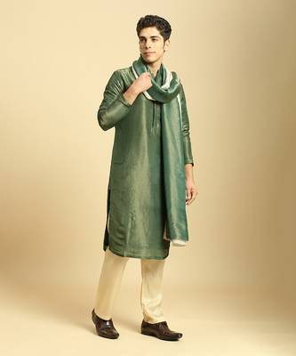 Green tissue kurta with cream silk pant with green colour block dupatta 1