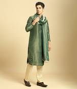 Green tissue kurta with cream silk pant with green colour block dupatta
