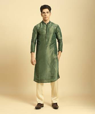 Green tissue kurta with cream silk pant with green colour block dupatta 2