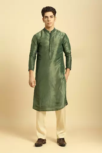 Green tissue kurta with cream silk pant with green colour block dupatta