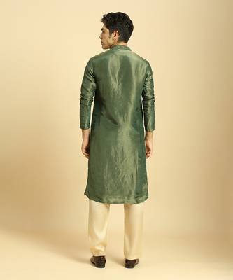 Green tissue kurta with cream silk pant with green colour block dupatta 3