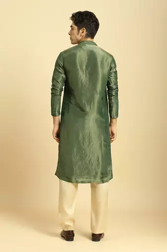 Green tissue kurta with cream silk pant with green colour block dupatta