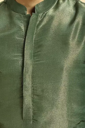 Green tissue kurta with cream silk pant with green colour block dupatta
