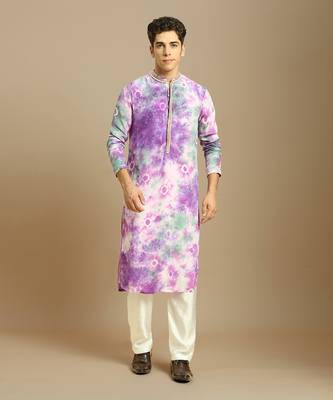 Purple embroidered tie-dye kurta with white silk pant 1
