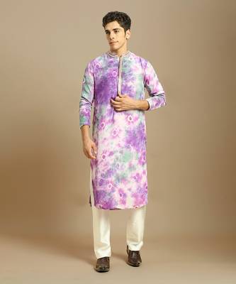 Purple embroidered tie-dye kurta with white silk pant 2
