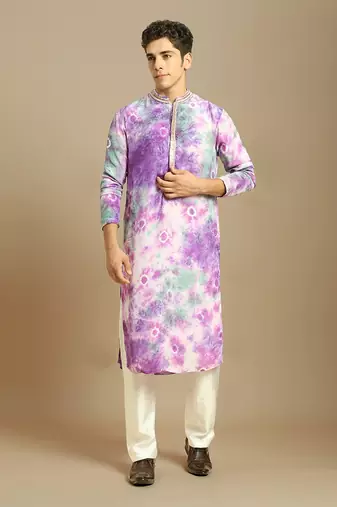 Purple embroidered tie-dye kurta with white silk pant