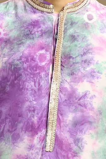 Purple embroidered tie-dye kurta with white silk pant