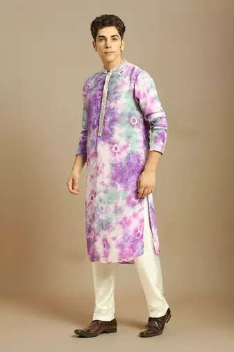 Purple embroidered tie-dye kurta with white silk pant