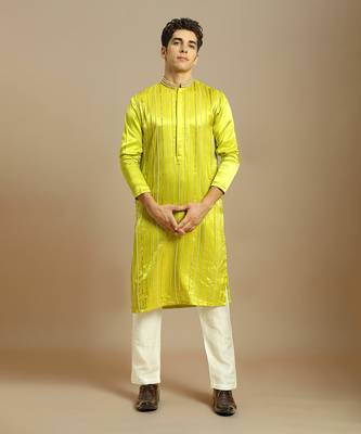 Neon green embroidered kurta with white pant 1