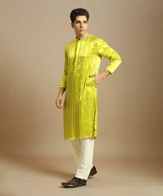 Neon green embroidered kurta with white pant 2