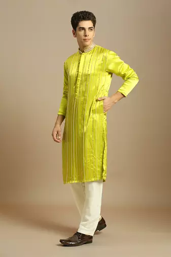 Neon green embroidered kurta with white pant