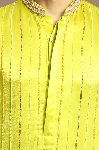 Neon green embroidered kurta with white pant