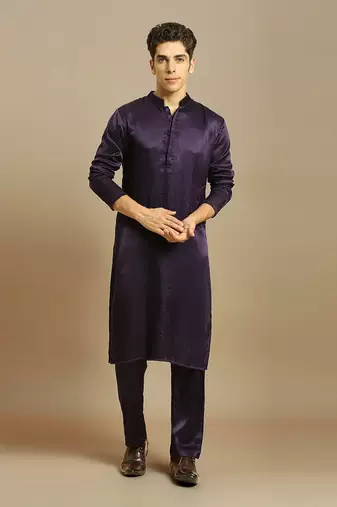 Deep purple kurta with pant with tissue embroidered dupatta