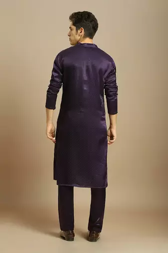 Deep purple kurta with pant with tissue embroidered dupatta