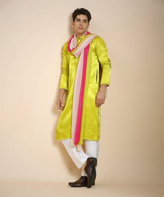 Neon green kurta with white pant with multi colour dupatta 1