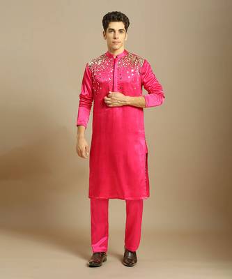 Hot pink embroiderd kurta with pant 1