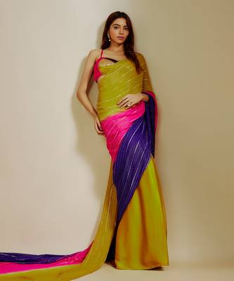 Mustard ombre saree with multi-coloured blouse 1