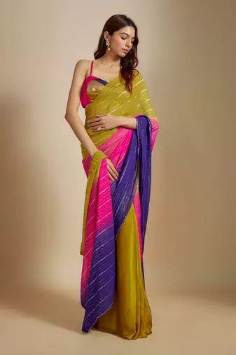 Mustard ombre saree with multi-coloured blouse