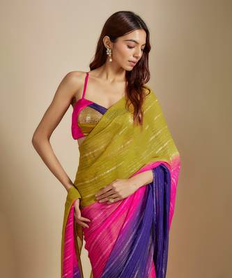 Mustard ombre saree with multi-coloured blouse 3