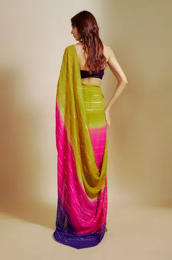Mustard ombre saree with multi-coloured blouse