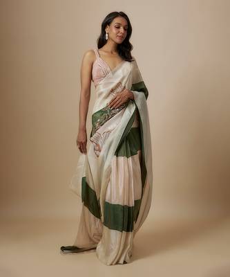 Green and beige colour block saree with embroidered blouse 1