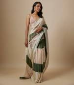 Green and beige colour block saree with embroidered blouse