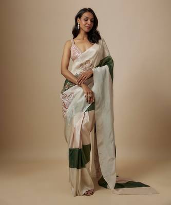 Green and beige colour block saree with embroidered blouse 2