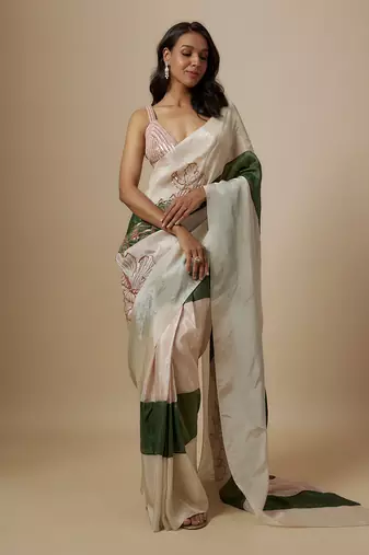 Green and beige colour block saree with embroidered blouse