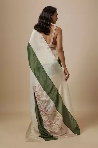 Green and beige colour block saree with embroidered blouse