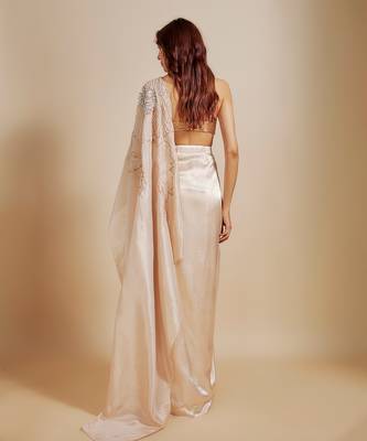 Peach skirt saree with rose gold blouse 5