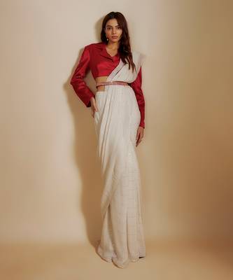 Red blazer with beige saree with embroiderd belt 1