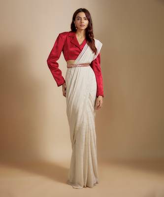 Red blazer with beige saree with embroiderd belt 2