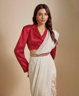 Red blazer with beige saree with embroiderd belt 3