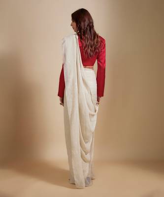 Red blazer with beige saree with embroiderd belt 4