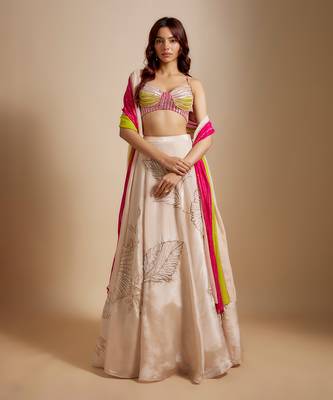 Peach Embroidered Lehenga With Multi-Coloured Blouse and Dupatta 1