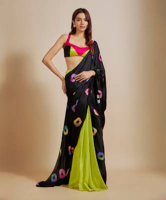 Black  shibori saree with multi-colour blouse 2