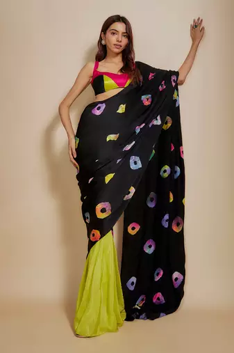 Black  shibori saree with multi-colour blouse