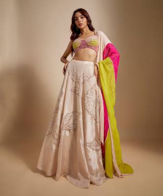 Peach Embroidered Lehenga With Multi-Coloured Blouse and Dupatta 4
