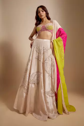 Peach Embroidered Lehenga With Multi-Coloured Blouse and Dupatta