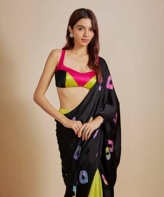 Black  shibori saree with multi-colour blouse 4