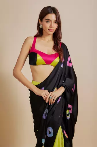 Black  shibori saree with multi-colour blouse