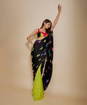 Black  shibori saree with multi-colour blouse 5