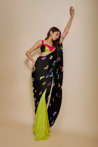 Black  shibori saree with multi-colour blouse