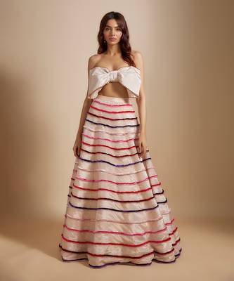 Peach Multiple-Coloured Embroidered Lehenga With Bow Blouse 1