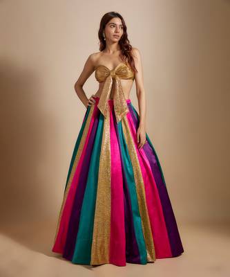 Multi-colored Skirt With Bow Blouse 1