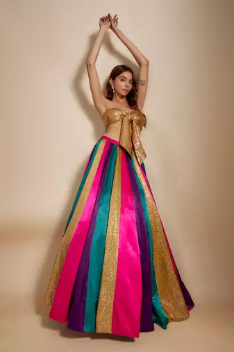 Multi-colored Skirt With Bow Blouse