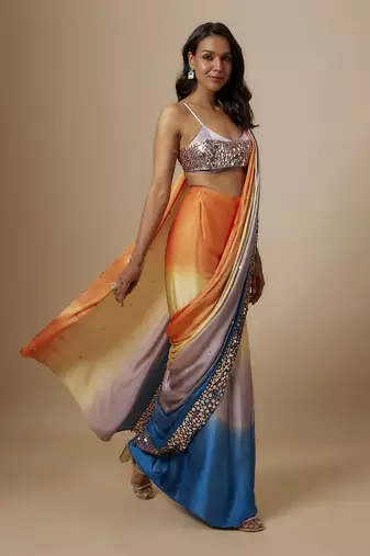 Multi-colour ombre saree with lilac blouse