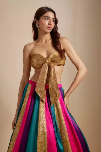 Multi-colored Skirt With Bow Blouse