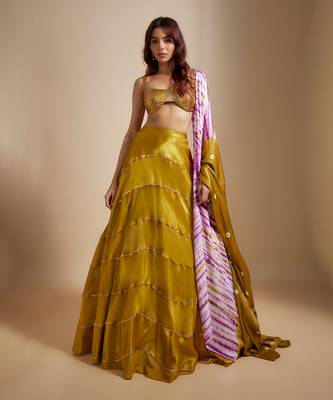 Mustard Block Skirt With Badla Embroidered blouse With Shibori Dupatta 1